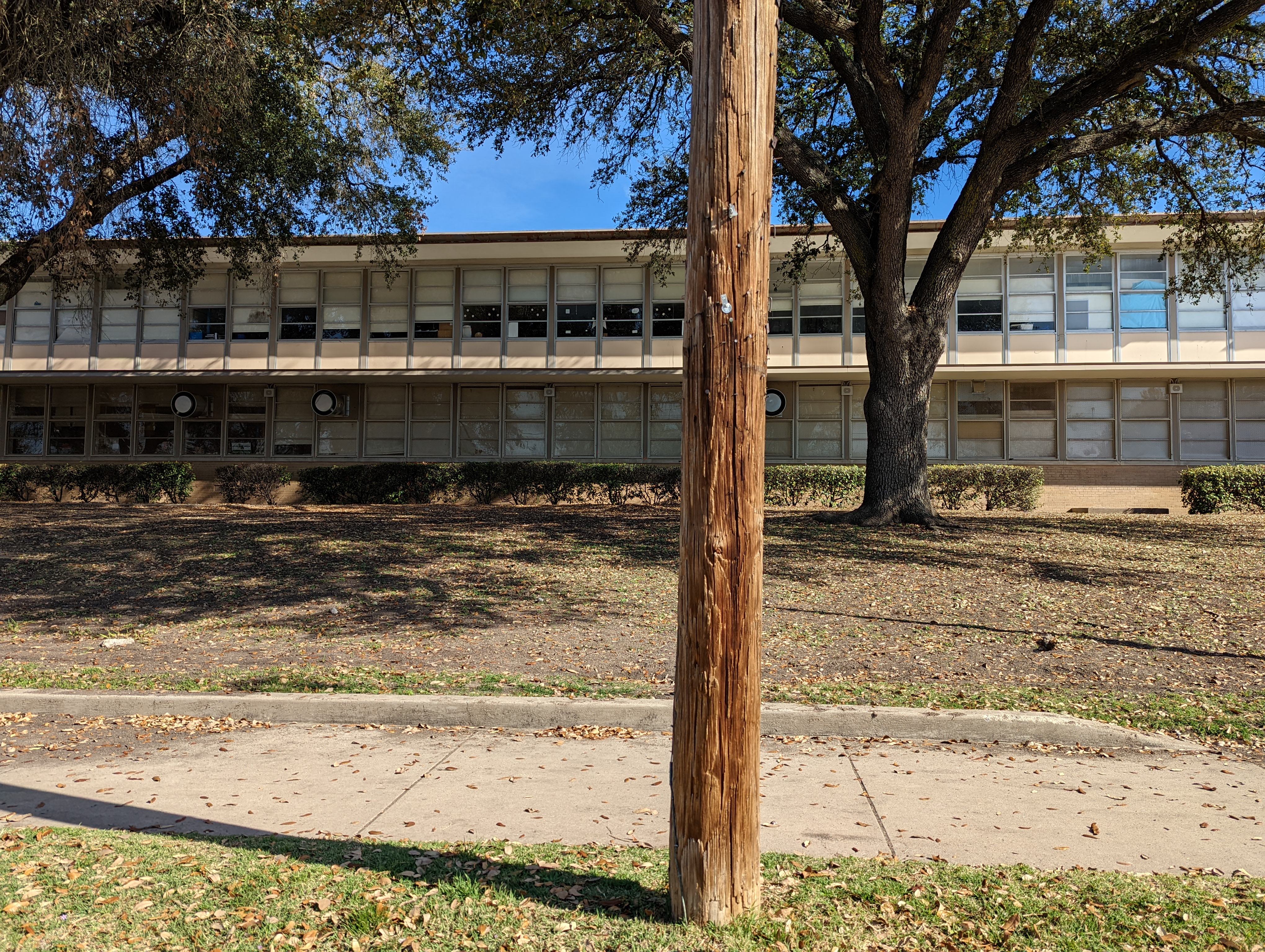 Bryan Adams High School - a long two story building with lots of windows, two large trees in the expansive yard, a sidewalk, and a telephone pole.